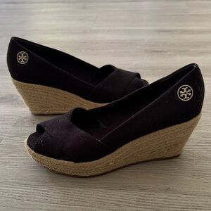 Tory Burch Filipa Black Canvas Wedge Espadrilles
